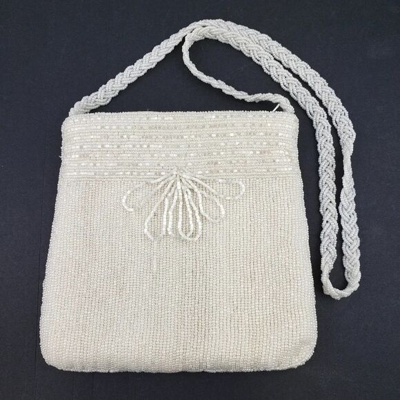 Vintage Beaded Purse Walborg Made in Hong Kong in Ivory White Feminine Retro - Picture 1 of 15